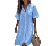 ThiCc Vestido camisero de verano para mujer, con botones, manga corta, ajuste holgado, color sólido, con solapa, vestido largo, estilo bohemio, para playa, vacaciones, viajes, trabajo diario, azul, S