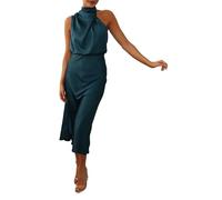 ThiCc Vestido largo de satén de verano para mujer, elegante, sedoso, sin mangas, cuello alto, cóctel, noche, fiesta, formal, vestido de tubo, azul marino, S