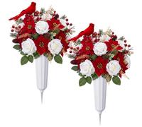 Thiccywoov 2 juegos de flores artificiales de cementerio de pájaros cardenales de Navidad con jarrón para tumba, flores de Pascua rojas, ramo de rosas y bayas, flores conmemorativas para decoración de