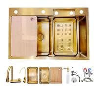 Thickened 70x50 cm Golden Stainless Steel Waterfall Bar Sink with Large Capacity Multifunctional Tap Pressure Washer Chopping Board & Drip Basket for Kitchen