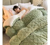 Thickened Lamb Plush Winter Quilt,Jacquards Double-Sided Milk Velvet Soft Bed Blankets,Machine Washable Breathable Warmth Fuzzy Throw Blanket for Cold Weather (Green, 220 * 240cm/87 * 94in(5kg))