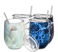 THILY,Vaso de vino sin tallo de acero inoxidable, paquete de 4 copas de vino de viaje con aislamiento al vacío con tapas deslizantes y popote, 12 onzas, cerveza, serie de mármol