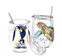 THILY,Vasos de vino aislados de acero inoxidable, bonitos vasos de viaje sin tallo de 12 onzas con tapas deslizantes y pajitas de metal, jugo, paquete de 2 (tortuga marina + pingüino)