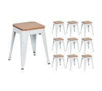THINIA HOME Pack 10 Taburetes Bajos Industriales Apilables de Acero y Madera 38x38x46cm