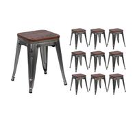 Thinia Home Pack 10 Taburetes Bajos Industriales Apilables de Acero y Madera 38x38x46cm Thinia Home
