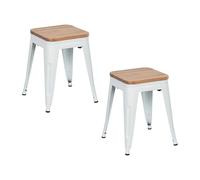 THINIA HOME Pack 2 Taburetes Bajos Industriales Apilables de Acero y Madera 38x38x46cm