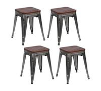 THINIA HOME Pack 4 Taburetes Bajos Industriales Apilables de Acero y Madera 38x38x46cm