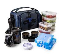 ThinkFit Bolsa Térmica Portaalimentos Sin BPA, Reutilizable - 6 Fiambreras Comida Trabajo Microondas y Congelador, Botella Mezcladora, Pastillero - Correa y Bolsillo externo - Bolsa Térmica Azul