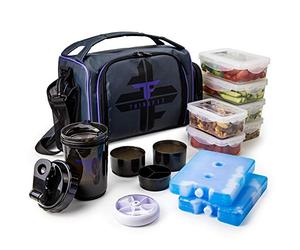 ThinkFit Bolsa Térmica Portaalimentos Sin BPA, Reutilizable - 6 Fiambreras Comida Trabajo Microondas y Congelador, Botella Mezcladora, Pastillero - Correa y Bolsillo externo - Bolsa Térmica Morado