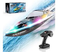 Thinkizen Barco a control remoto, barco eléctrico de alta velocidad de 2.4 G con luces nocturnas LED, cubierta impermeable de doble bloqueo, giro automático y refrigeración inteligente, barco de