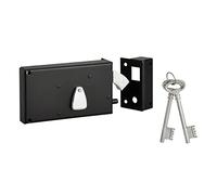 THIRARD - Cerradura Horizontal 4 Gorjas en Superficie con Llave de Gancho para Portón - Derecha - Eje 58 mm - 140 x 82 mm - Negro - 2 Llaves - Caja y Cerradero de Acero Curvado