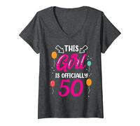 This Girl Is Official 50 Age Old Cumpleaños Niñas Años Camiseta Cuello V, Mujer, Jaspeado Oscuro, S