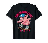 This Is How I Roll Pig on Skateboard Retro Cartoon Style Camiseta
