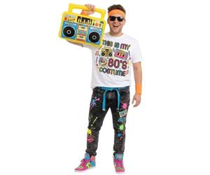 This Is My 80's - Camiseta estampada de disfraz blanca con gafas, diadema y pulseras naranjas y caja hinchable, disfraz retro de los años 80 para fiestas, festivales y eventos temáticos