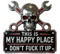 "This Is My Happy Place" Garage Wall Sign, Don’t Fuck It Up Wall Art Sign Vintage Decor for Tool Room, Skull & Wrench Design for Garage,Workshop,Man Cave