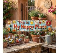 This Is My Happy Place - Placa de hojalata para pared con letras en relieve y composición floral vintage para espacios interiores acogedores (grande)