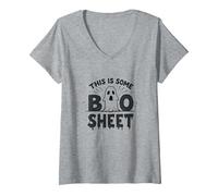 This Is Some Boo Sheet Funny Ghost Juego de Palabras de Halloween Camiseta Cuello V, Mujer, Gris Jaspeado, L