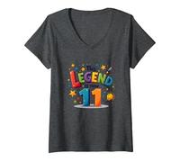 This Legend Is Now 11 - Regalo de cumpleaños para niños de 11 años Camiseta Cuello V, Mujer, Jaspeado Oscuro, M