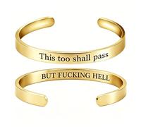 This Too Shall Pass Mantra Cuff Bracelet | BUT FUCKING HELL Engarved Motivational Bangle Bracelet | Hidden Message Encouragement Jewelry Gifts for Women (M)