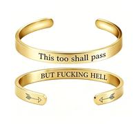 This Too Shall Pass Mantra Cuff Bracelet | BUT FUCKING HELL Engarved Motivational Bangle Bracelet | Hidden Message Encouragement Jewelry Gifts for Women (J)