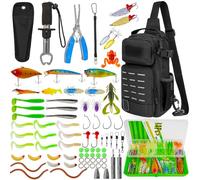 THKFISH Juego de 79 bolsas de pesca, mochila impermeable con cajas, bolsa de pesca, incluye alicates, cebos, removedor de anzuelos y agarre de labios