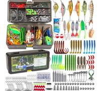 THKFISH Kit de señuelos de pesca, equipo de pesca de lubina para agua dulce y salada, caja de aparejos con aparejos incluidos, cebos de agua superior, cebo giratorio, rana, ganchos/pesos, accesorios