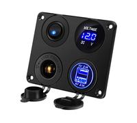 Thlevel 4 en 1 Panel de Enchufes con Doble Cargador USB Carga Rápida y Voltímetro Coche LED y Toma de Encendedor de Cigarrillos y Interruptor 12V
