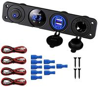Thlevel 4 en 1 Panel de Enchufes con Doble Cargador USB y Voltímetro de LED y Encendedor de Cigarrillos y Azul Interruptor para Marina Barco Camión Autocaravana