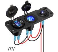 Thlevel Panel de Enchufes Cargador USB Coche 36W Doble QC 3.0 Carga con Encendedor de Cigarrillos y Voltímetro Digital LED y Azul Interruptor para 12V 24V Marina Barco Camión