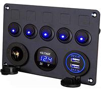 Thlevel Panel Enchufe Cargador Coche con Dual USB Carga y Encendedor de Cigarrillos 5pcs Interruptor Basculante Voltímetro LED Digital para 12V 24V Barco Marina Camiones Campista