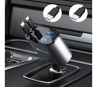 Thlevel Retráctil Cargador de Coche Adaptador Toma de Coches 60W con 2 Cable Tipo C Voltímetro LED Compatible con iPhone iPads Samsung Huawei para 12V 24V Caravana Autocaravana Barco