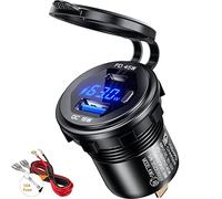 Thlevel Toma USB Coche 45W Cargador de Coches QC3.0 y Tipo C PD Impermeable con Interruptor y Voltímetro LED Indicador para 12V 24V Motos Camiones Barcos