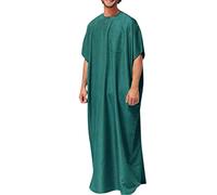 Thobe Kaftan Jubba - Bata larga y holgada para hombre, mezcla de algodón, vestido árabe musulmán con manga corta, cuello redondo, bolsillo, ideal para oración, Ramadán, Eid, verde, XL
