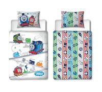 THOMAS & FRIENDS Funda de edredón Oficial para Cuna Infantil | All Aboard Thomas The Tank Engine, Ropa de Cama Reversible de 2 Caras con Funda de Almohada a Juego, polialgodón