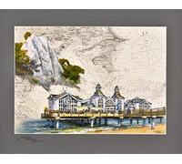 Thomas Kubitz - Impresión artística de la silla del rey Rügen y puente de mar Sellin con paspartú firmado