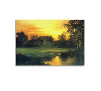 Thomas Moran Sunset over The Homestead Hudson River School - Póster romántico de paisaje rural, impresión en lienzo, arte de pared, decoración de campo serena para sala de estar, dormitorio, oficina y