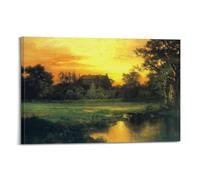 Thomas Moran Sunset over The Homestead Hudson River School - Póster romántico de paisaje rural, impresión en lienzo, arte de pared, decoración de campo serena para sala de estar, dormitorio, oficina y