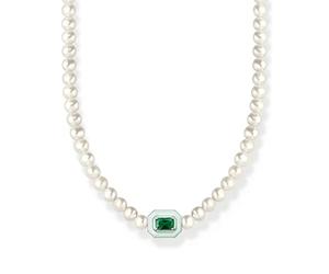 THOMAS SABO KE2183-082-6-L42v - Gargantilla con perlas blancas y piedra verde (plata de ley 925 con perlas cultivadas en agua dulce, longitud 42 cm), 42cm, Plata esterlina, Circonia cúbica