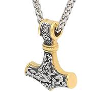 Thors Hammer Viking Collar, Hombres Acero Inoxidable Mjolnir Odins Odins ROVEN Rune Pendiente AMULADOR con Cadena BIZANTINA, Joyería de Vikingo Vintage céltico nórdico(HammerA,50CM)