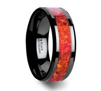 Thorsten Nova - Alianza de Boda de cerámica Negra con Bordes biselados e Incrustaciones de ópalo Rojo de 8 mm de Ancho de Roy Rose Jewelry Talla 12