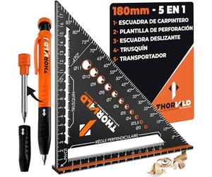 THORVALD 5 en 1 Escuadra Carpintero 180 mm + Lápiz de Obra - Multifunción: Trusquin/Transportador/Plantilla de Perforación/Escuadra de Deslizamiento - Aluminio - Herramienta para Ganar Tiempo