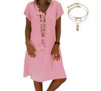 Thoughtaidea Women's Dress Summer Linen Dresses Casual V Neck Midi Dress Lightweight Summer Beach Clothes (Pink,S)