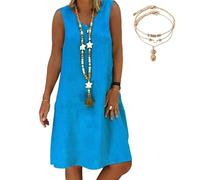 Thoughtaidea Women's Dress Summer Linen Dresses Casual V Neck Midi Dress Lightweight Summer Beach Clothes (Sky Blue,L)