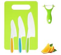 THQAE 5 Pcs Cuchillo Niños, Utensilios Cocina Montessori, Juego Cuchillos Cocina Niños no Cortan Dedos, Incluye Delantal de Cocina, Tabla de Cortar, Pelador, para Cortar y Cocinar Frutas o Verduras