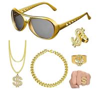 THQAE 5 Piezas Kit de Disfraces de Hip Hop, Estilo Años 80-90, Cadena Falsa de Oro, Collar y Anillo de Dólar, Gafas, Decoración de Los años 80 y 90 para Todas las Edades