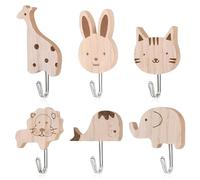 THQAE 6 Piezas Ganchos Autoadhesivos de Madera para Niños, Perchero Infantil de Pared, Ganchos Animales para Abrigos, Colgador de Pared para Dormitorio, Baño y Cocina