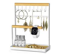 Thrarise Soporte para joyas,soporte de pendientes con bandeja de madera,Organizador de Joyería,colgador collares, metal y madera, Regalo para niñas y mujeres，color blanco