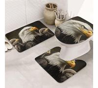 Three American Eagles - Juego de 3 alfombras de baño con estampado de águilas americanas, alfombrilla de baño + alfombrilla de contorno + funda para asiento de inodoro, lavable a máquina