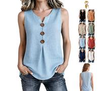 Three Button Sleeveless Solid Color Tank Top,V Neck Button Sleeveless Shirt