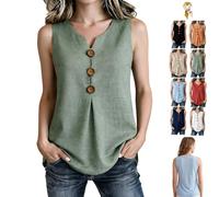 Three Button Sleeveless Solid Color Tank Top,V Neck Button Sleeveless Shirt